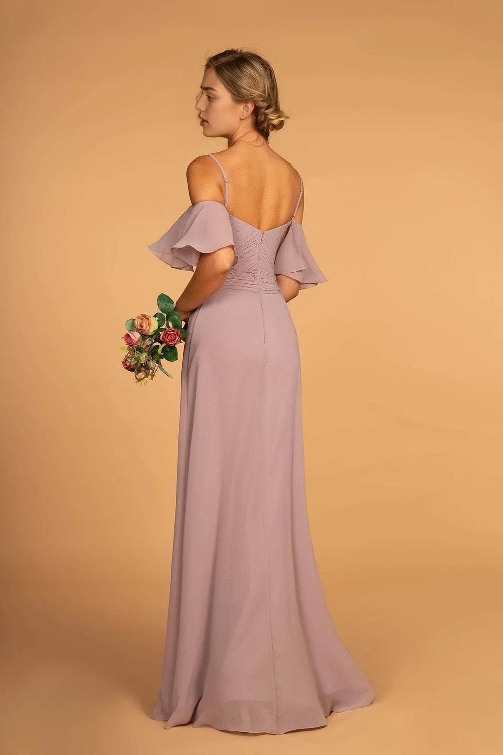 Lilac Dusty Evening Dresses featuring Off - Shoulder Flutter Sleeves Ruched Design, and Flowy Fit to Elevate