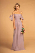 Lilac Dusty Evening Dresses featuring Off - Shoulder Flutter Sleeves Ruched Design, and Flowy Fit to Elevate