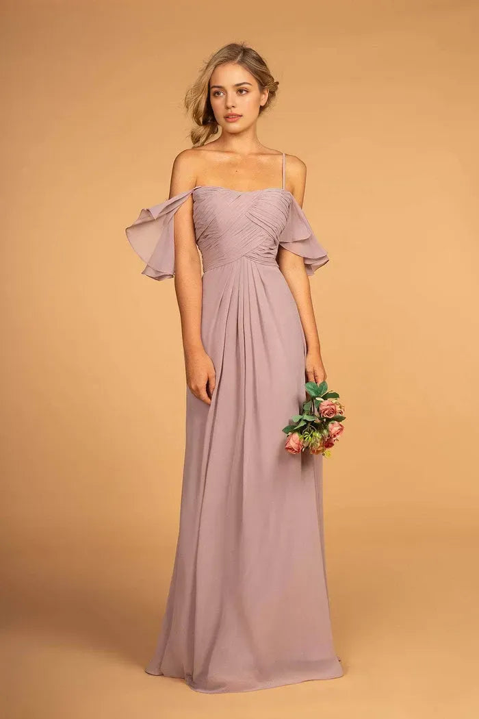 Lilac Dusty Evening Dresses featuring Off - Shoulder Flutter Sleeves Ruched Design, and Flowy Fit to Elevate