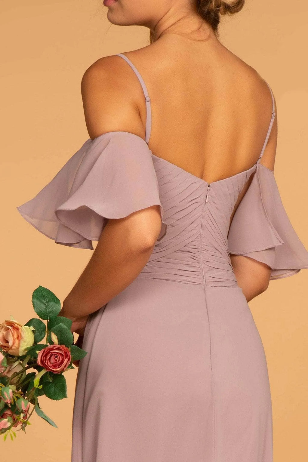 Lilac Dusty Evening Dresses featuring Off - Shoulder Flutter Sleeves Ruched Design, and Flowy Fit to Elevate