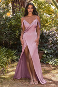 Dusty Pink Prom Dress with Cold Shoulder Cape Sleeves Wrap Front Design High Side Slit for Glamorous Occasions
