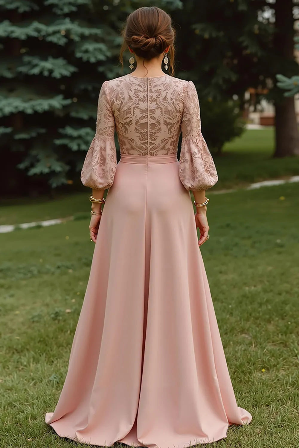 Dusty Rose A-Line Round Neck 3/4 Sleeves Zipper Back Floor-Length Mother of the Bride Dresses