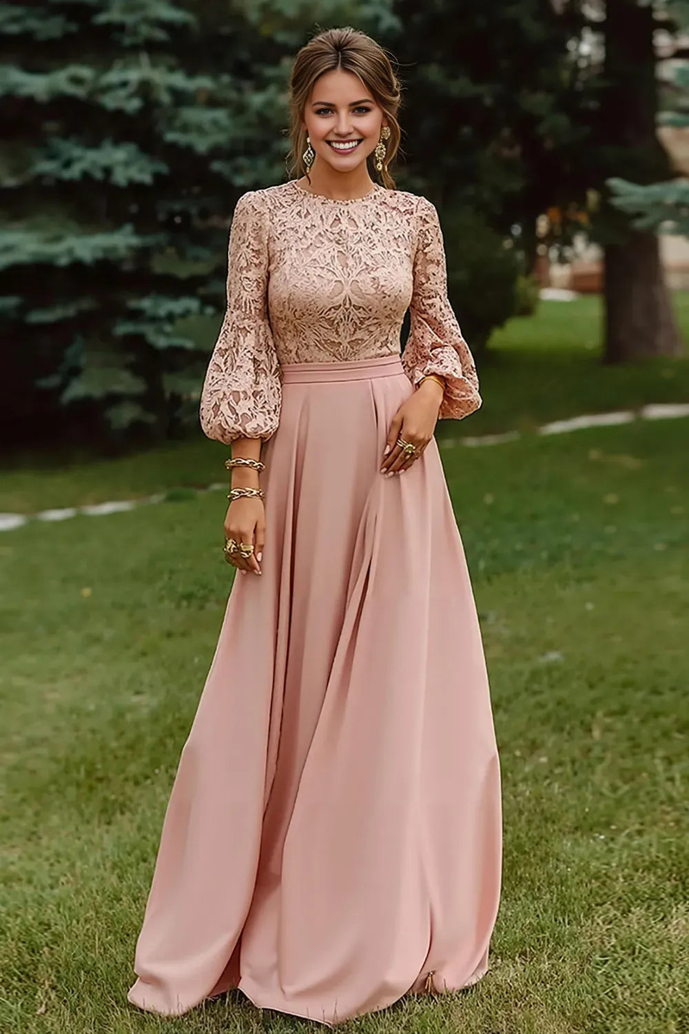 Dusty Rose A-Line Round Neck 3/4 Sleeves Zipper Back Floor-Length Mother of the Bride Dresses