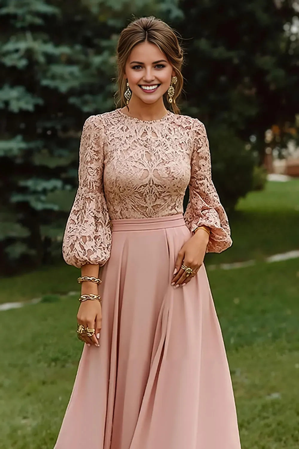 Dusty Rose A-Line Round Neck 3/4 Sleeves Zipper Back Floor-Length Mother of the Bride Dresses