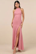 Dusty Rose Prom Dress with Halter Neckline Figure Hugging Fit and High Thigh Side Slit for Formal Occasions