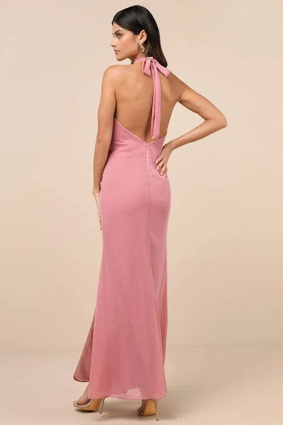Dusty Rose Prom Dress with Halter Neckline Figure Hugging Fit and High Thigh Side Slit for Formal Occasions