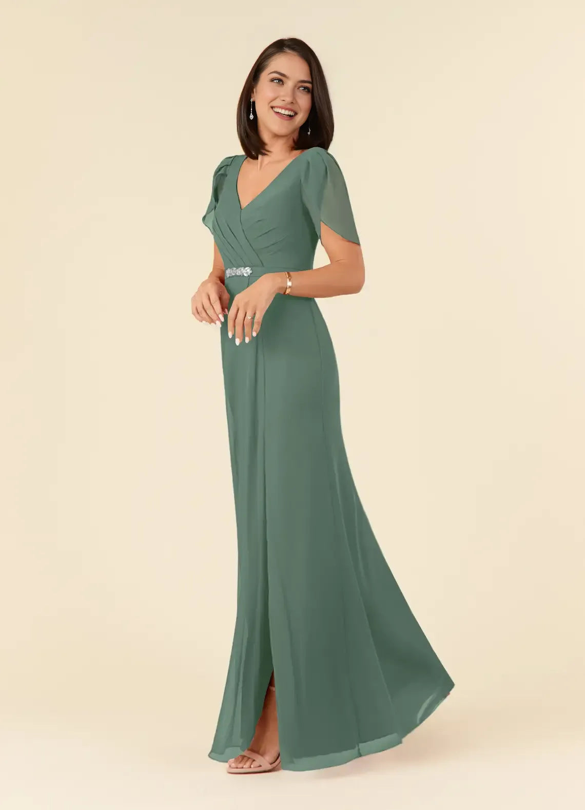EeucalyptusSheath V-Neck Pleated Mother of the Bride Dress with V - Neck Flutter Sleeves Waistband