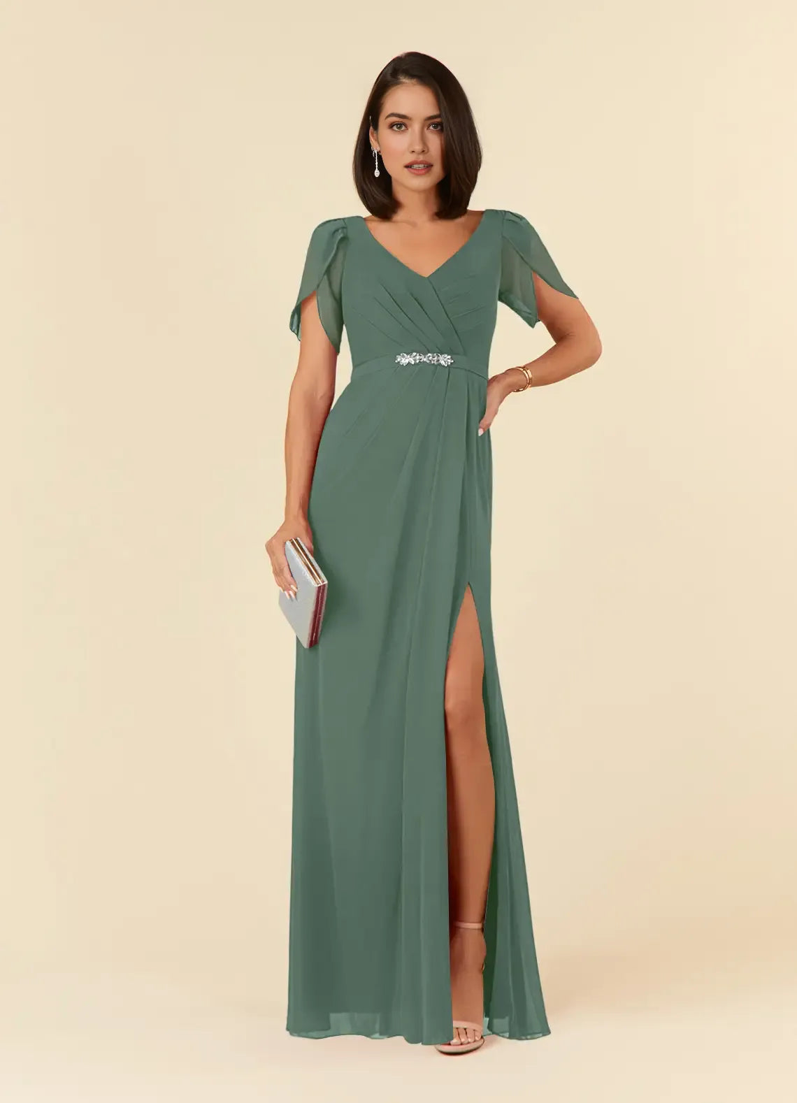 EeucalyptusSheath V-Neck Pleated Mother of the Bride Dress with V - Neck Flutter Sleeves Waistband