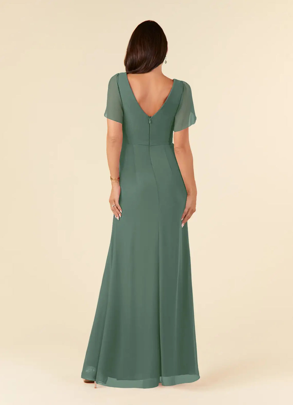 EeucalyptusSheath V-Neck Pleated Mother of the Bride Dress with V - Neck Flutter Sleeves Waistband