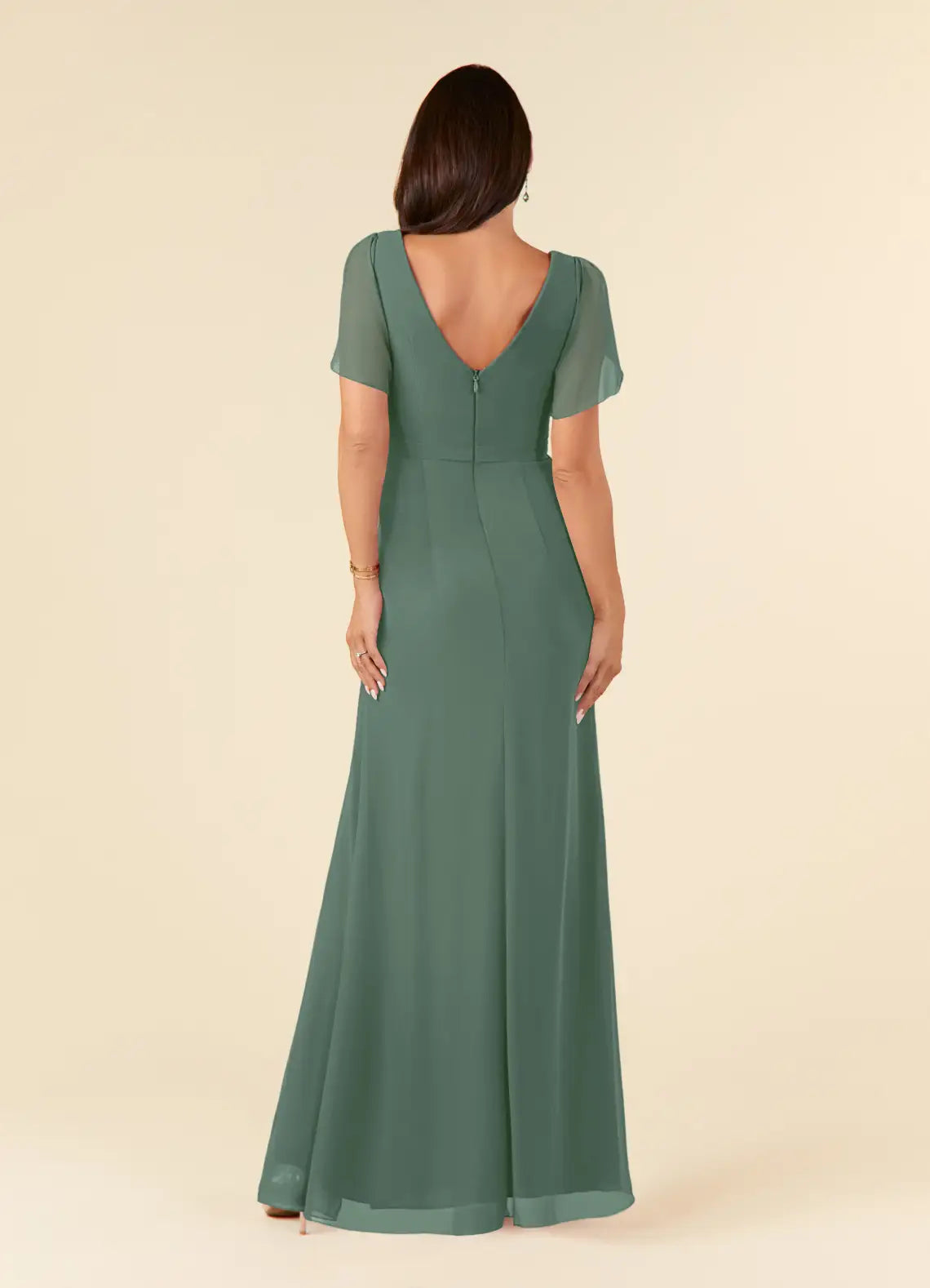 EeucalyptusSheath V-Neck Pleated Mother of the Bride Dress with V - Neck Flutter Sleeves Waistband
