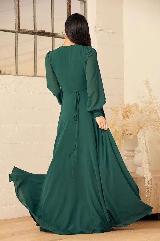 Green Emerald Wrap Evening Gown with Long Sheer Sleeves and High Side Slit Perfect