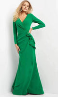 Green Emerald Prom Gown with Long Sleeves Surplice Neckline and Ruffled Side Detail for Formal Occasions