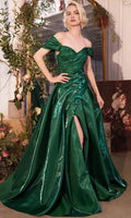 Green Emerald Off - Shoulder Prom Gown with Shimmering Fabric - Bodice and High Side Slit for Formal Evening Events