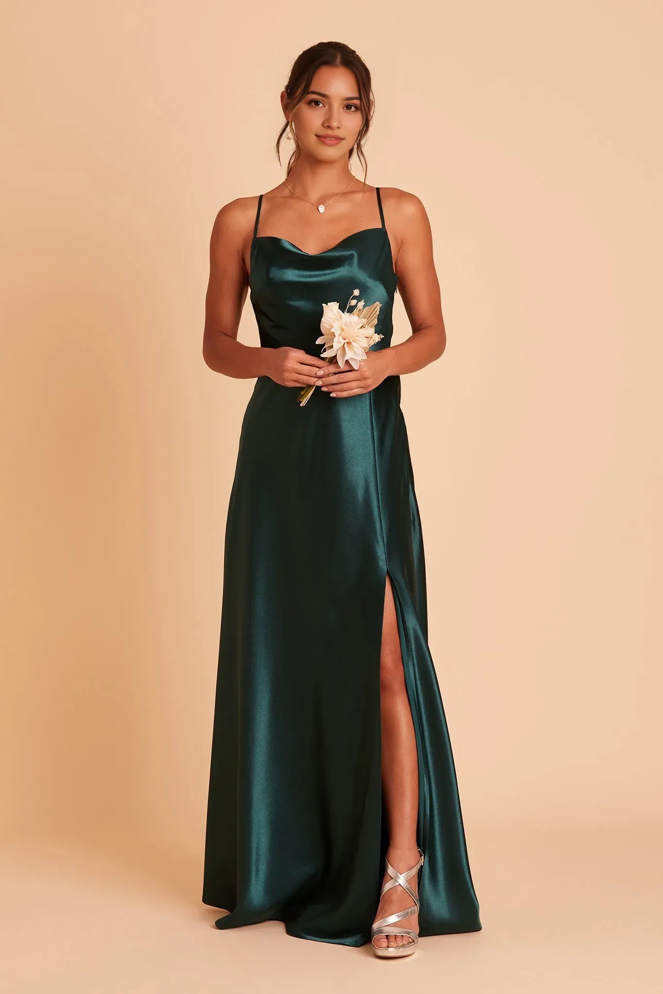 Green Emerald Ball Gown Cowl Neck Spaghetti Straps Side Slit for Formal Galas and Prom Dresses