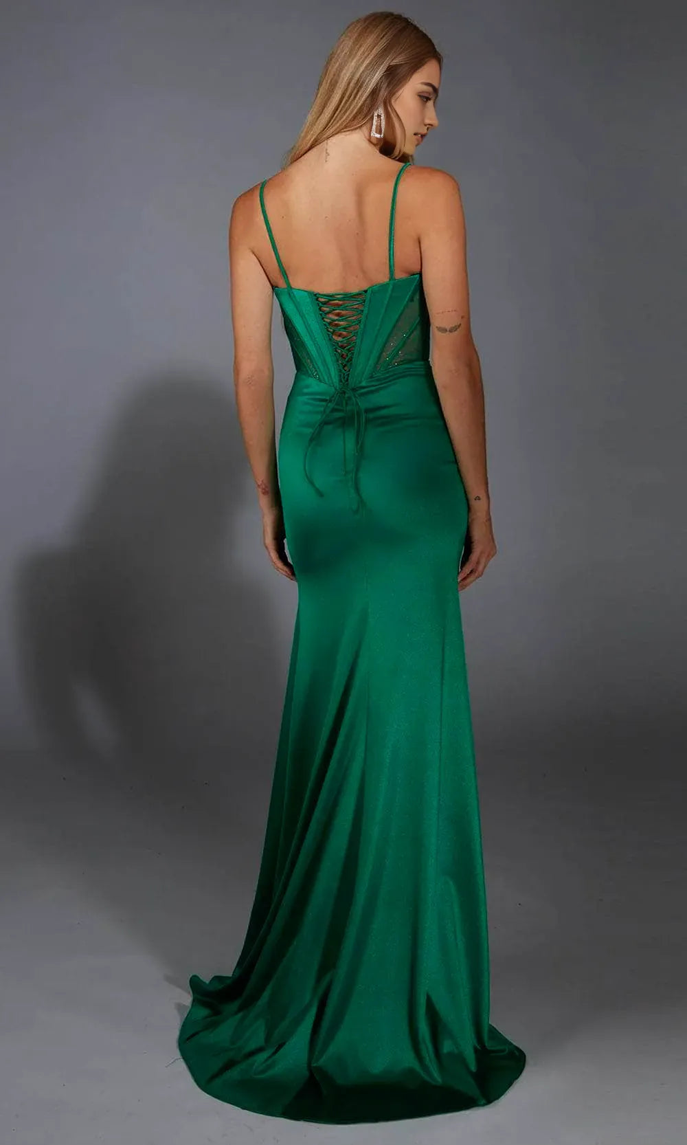 Green Emerald Gown Sheer Panel Detailing Corset Inspired Top Slit Ideal for Prom Nights