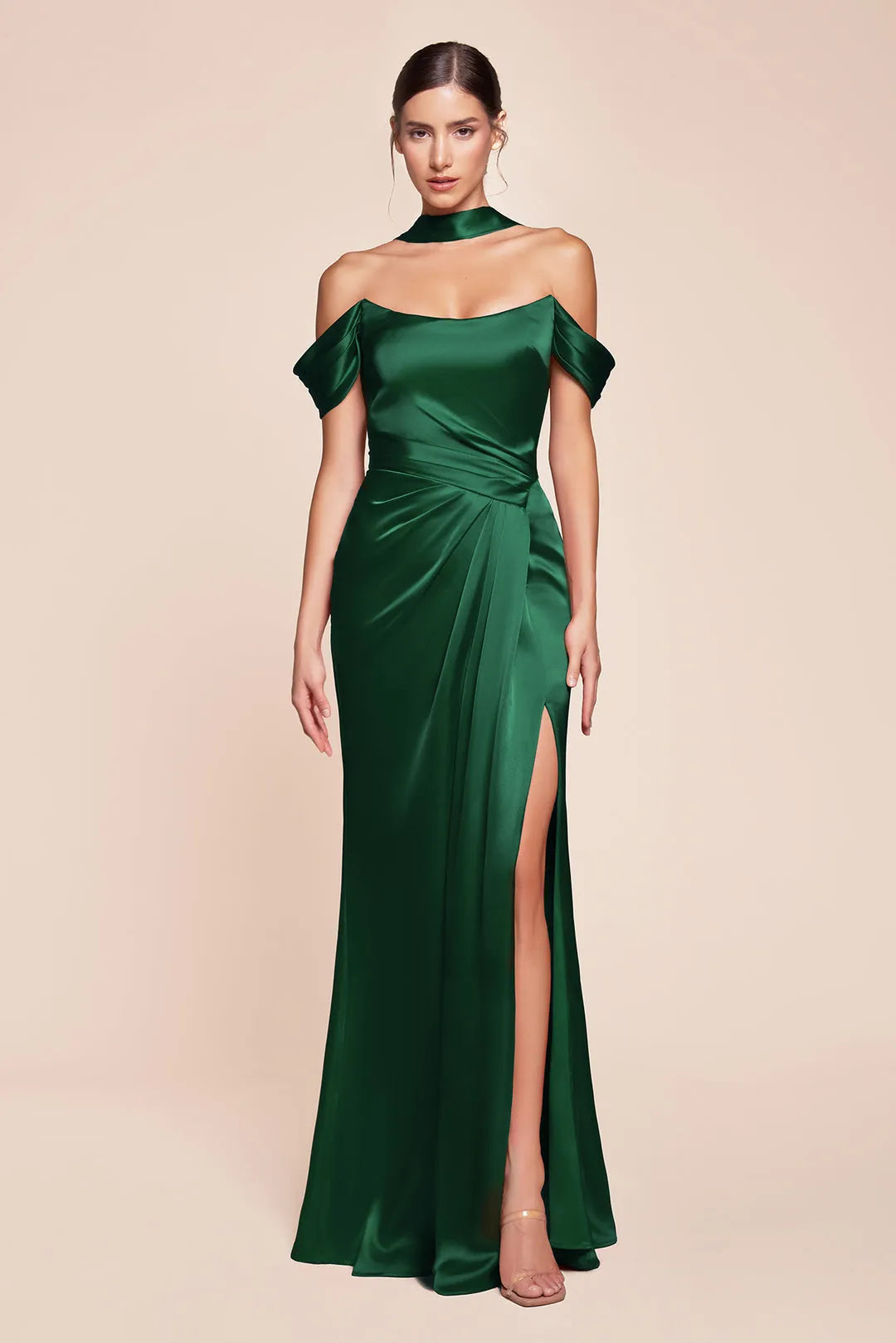 Green Emerald Off - Shoulder Prom Dress with Draped Waist and High Side Slit for Formal Occasions