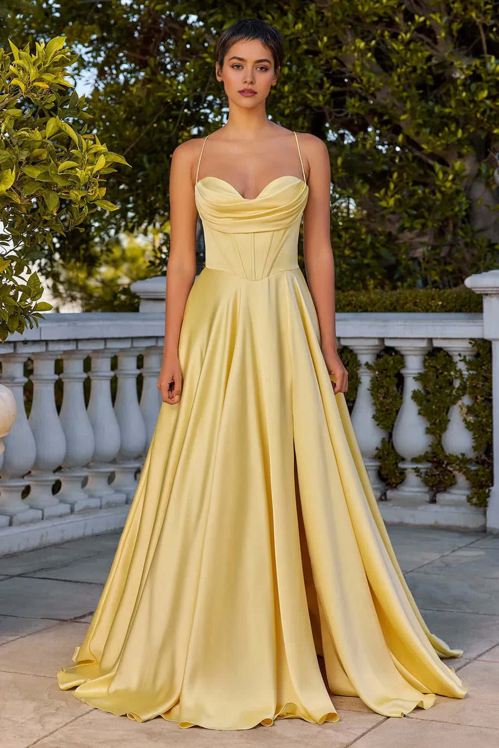 Green Emerald Prom Dress with Cowl Neckline Corset Bodice Spaghetti Straps and High Side Slit for Formal Events