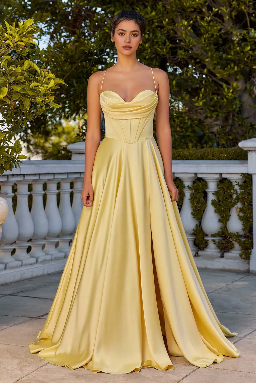 Green Emerald Prom Dress with Cowl Neckline Corset Bodice Spaghetti Straps and High Side Slit for Formal Events