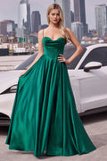 Green Emerald Prom Dress with Cowl Neckline Corset Bodice Spaghetti Straps and High Side Slit for Formal Events
