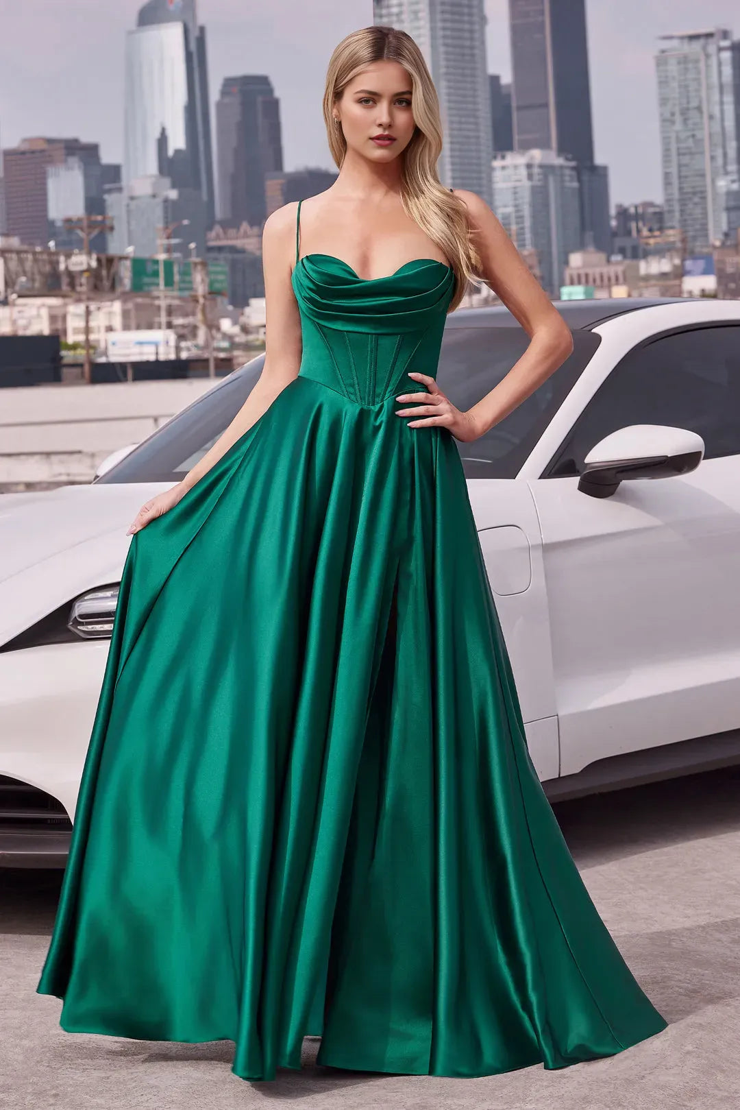 Green Emerald Prom Dress with Cowl Neckline Corset Bodice Spaghetti Straps and High Side Slit for Formal Events
