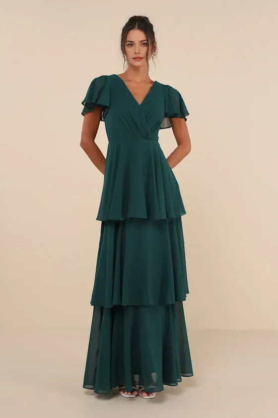 Green Emerald Tiered Evening Dresses with Flutter Sleeves Plunging V - Neck Ruched Bodice Perfect for Dreamy