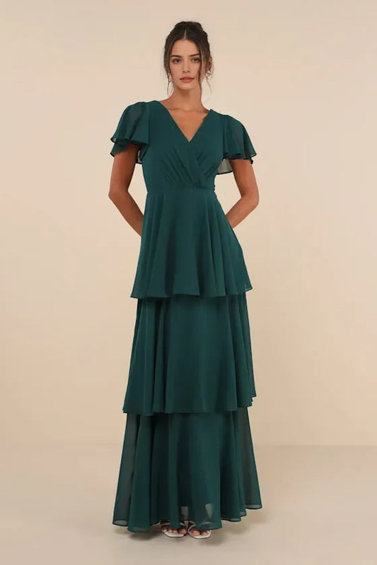 Elegant Green A-Line V-Neck Classic-Sleeve Classic-Back Floor-Length Evening Dress