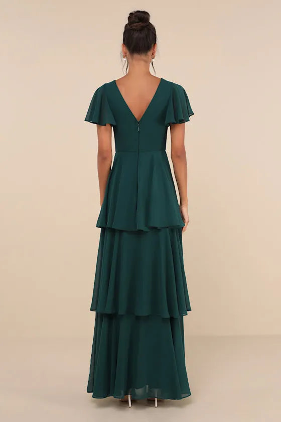 Green Emerald Tiered Evening Dresses with Flutter Sleeves Plunging V - Neck Ruched Bodice Perfect for Dreamy