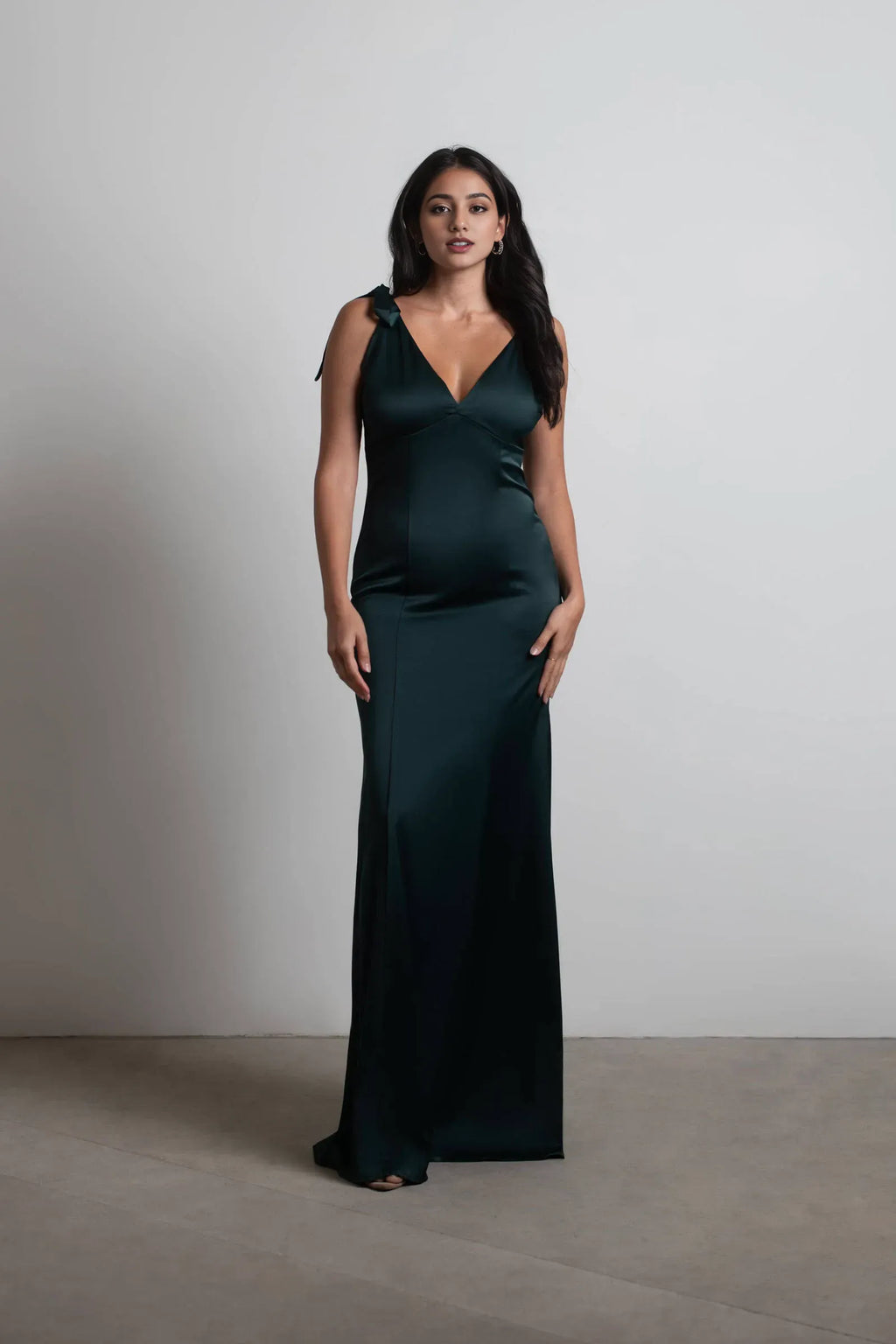 Emerald Mermaid Plunging V-Neck Tie-Shoulder Back Zip Floor-Length Prom Dresses