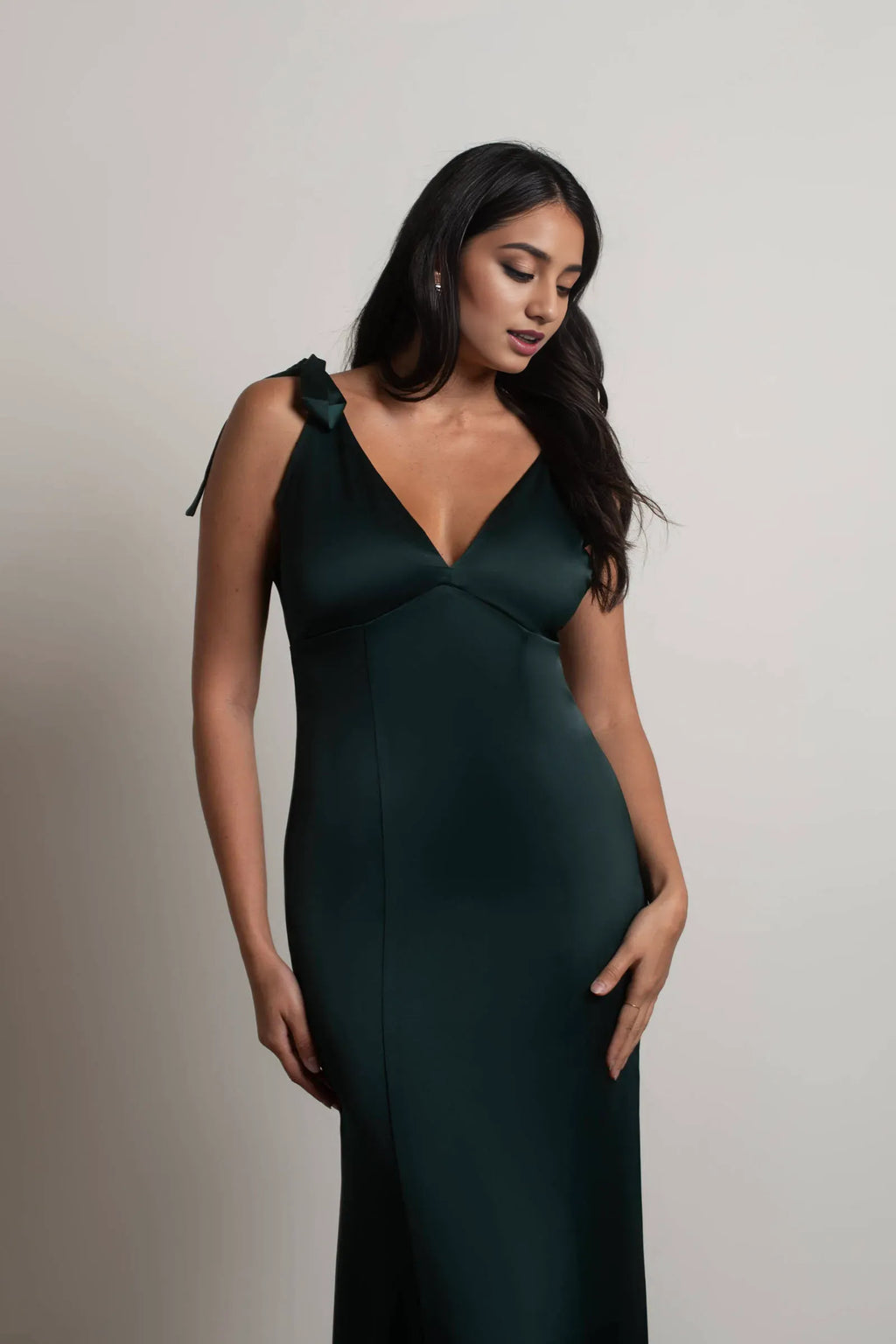 Emerald Mermaid Plunging V-Neck Tie-Shoulder Back Zip Floor-Length Prom Dresses