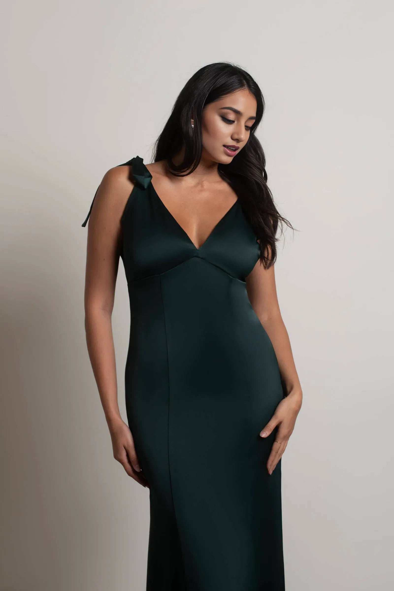Emerald Mermaid Plunging V-Neck Tie-Shoulder Back Zip Floor-Length Prom Dresses