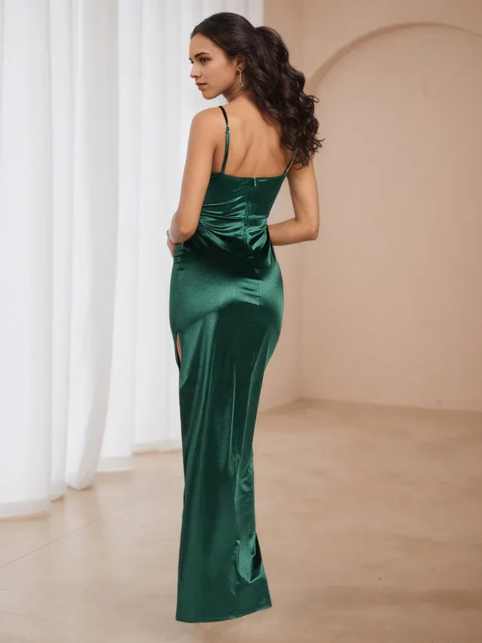 Emerald Gown: Cowl Neck Spaghetti Straps Slit for Memorable Evenings