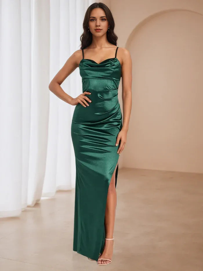 Emerald Gown: Cowl Neck Spaghetti Straps Slit for Memorable Evenings