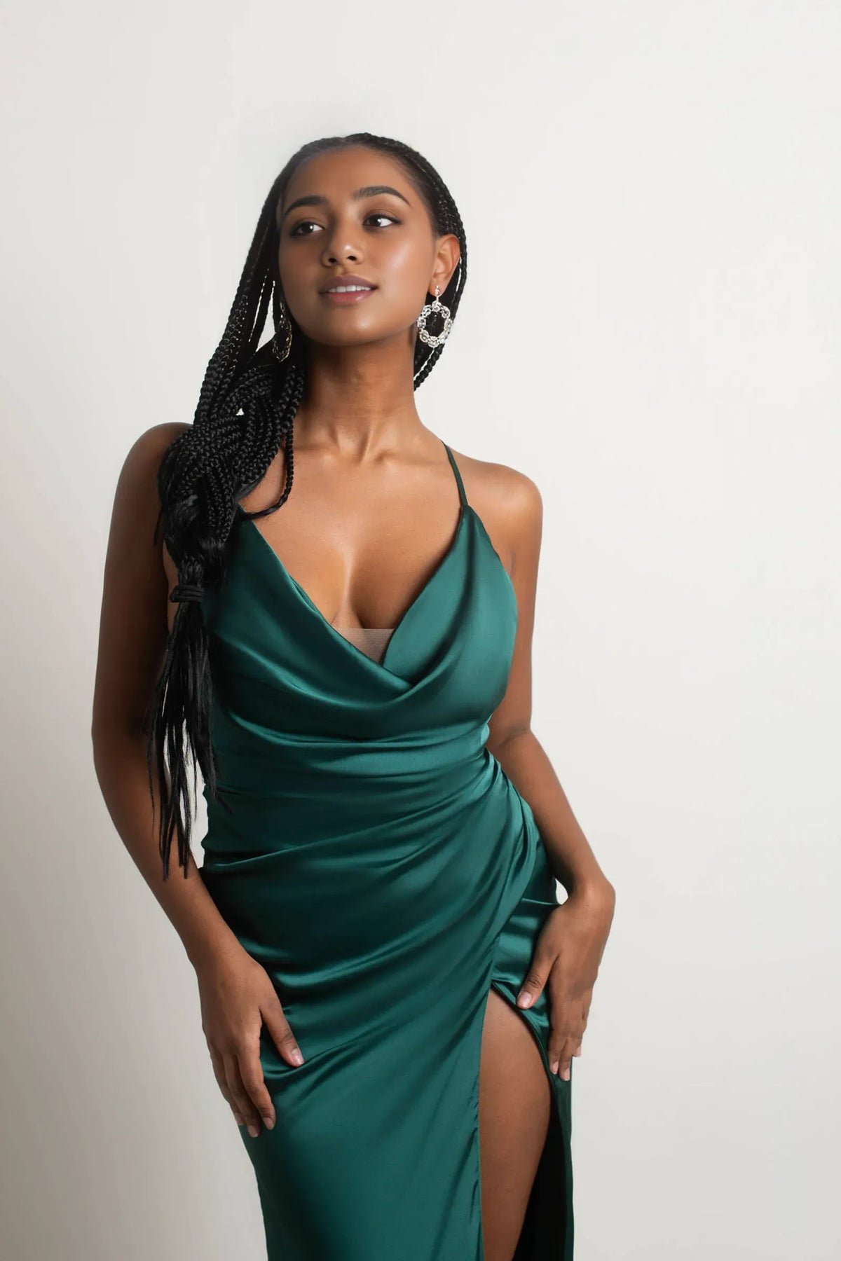 Emerald Sheath Cowl Neck Spaghetti-Strap Crisscross Back High-Slit Floor-Length Prom Dresses