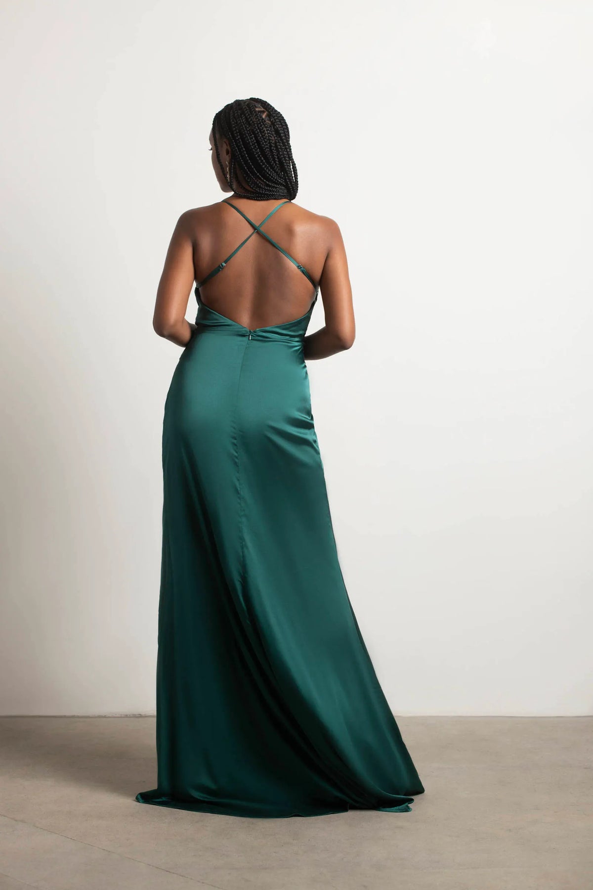 Emerald Sheath Cowl Neck Spaghetti-Strap Crisscross Back High-Slit Floor-Length Prom Dresses