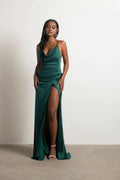 Emerald Sheath Cowl Neck Spaghetti-Strap Crisscross Back High-Slit Floor-Length Prom Dresses