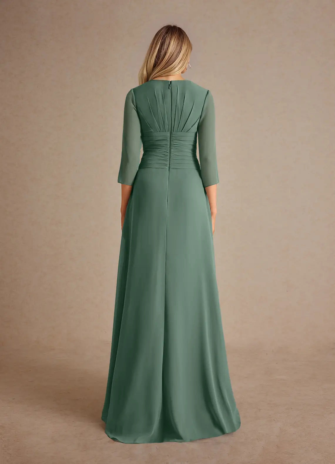 Eucalyptus A-Line Pleated Mother of the Bride Dress with V - Neck 3/4 Sleeves Ruched Bodice