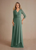 Eucalyptus A-Line Pleated Mother of the Bride Dress with V - Neck 3/4 Sleeves Ruched Bodice