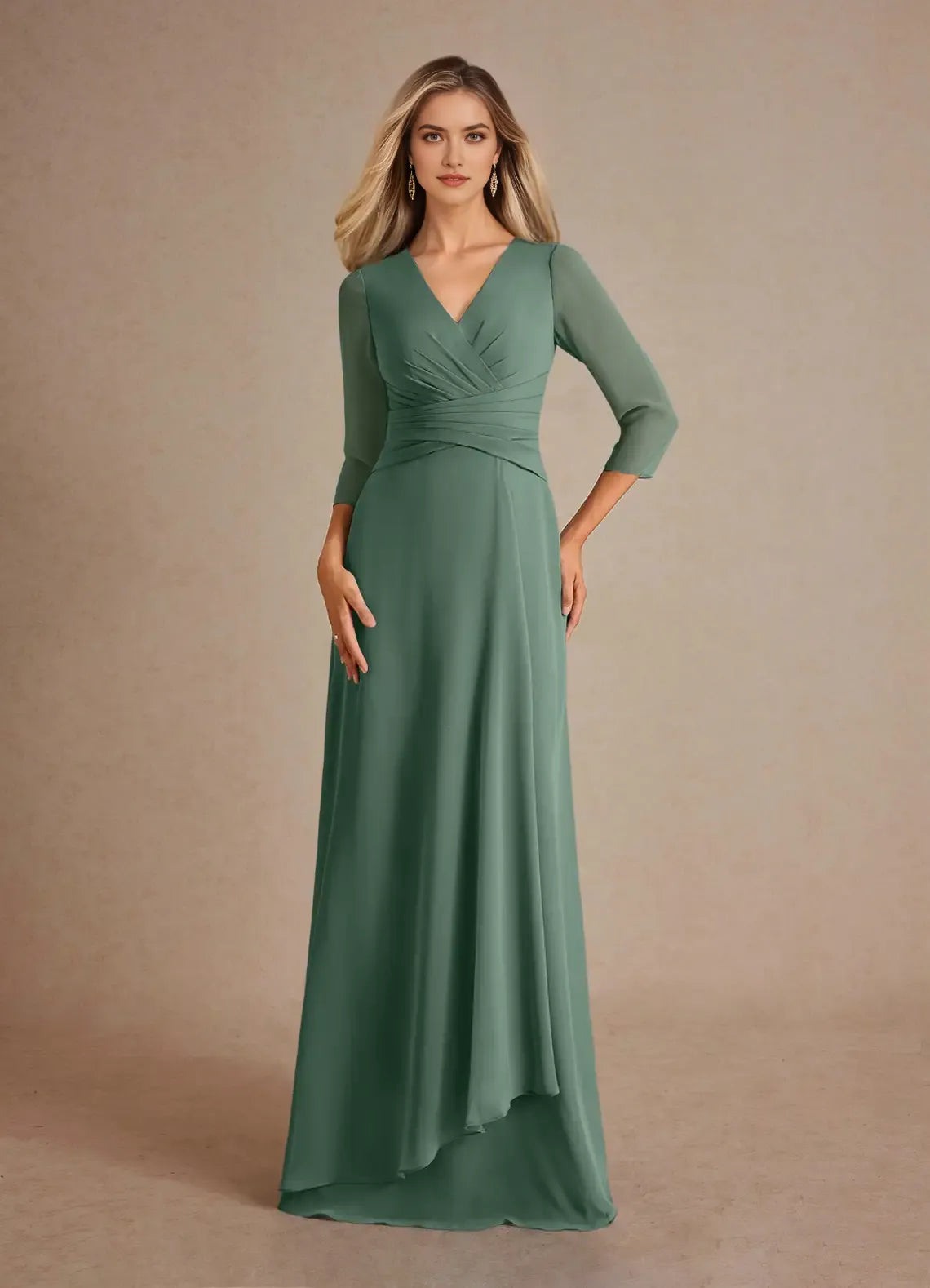Eucalyptus A-Line Pleated Mother of the Bride Dress with V - Neck 3/4 Sleeves Ruched Bodice
