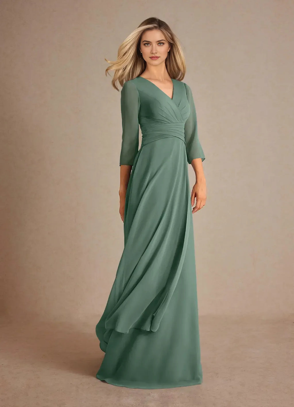 Eucalyptus A-Line Pleated Mother of the Bride Dress with V - Neck 3/4 Sleeves Ruched Bodice
