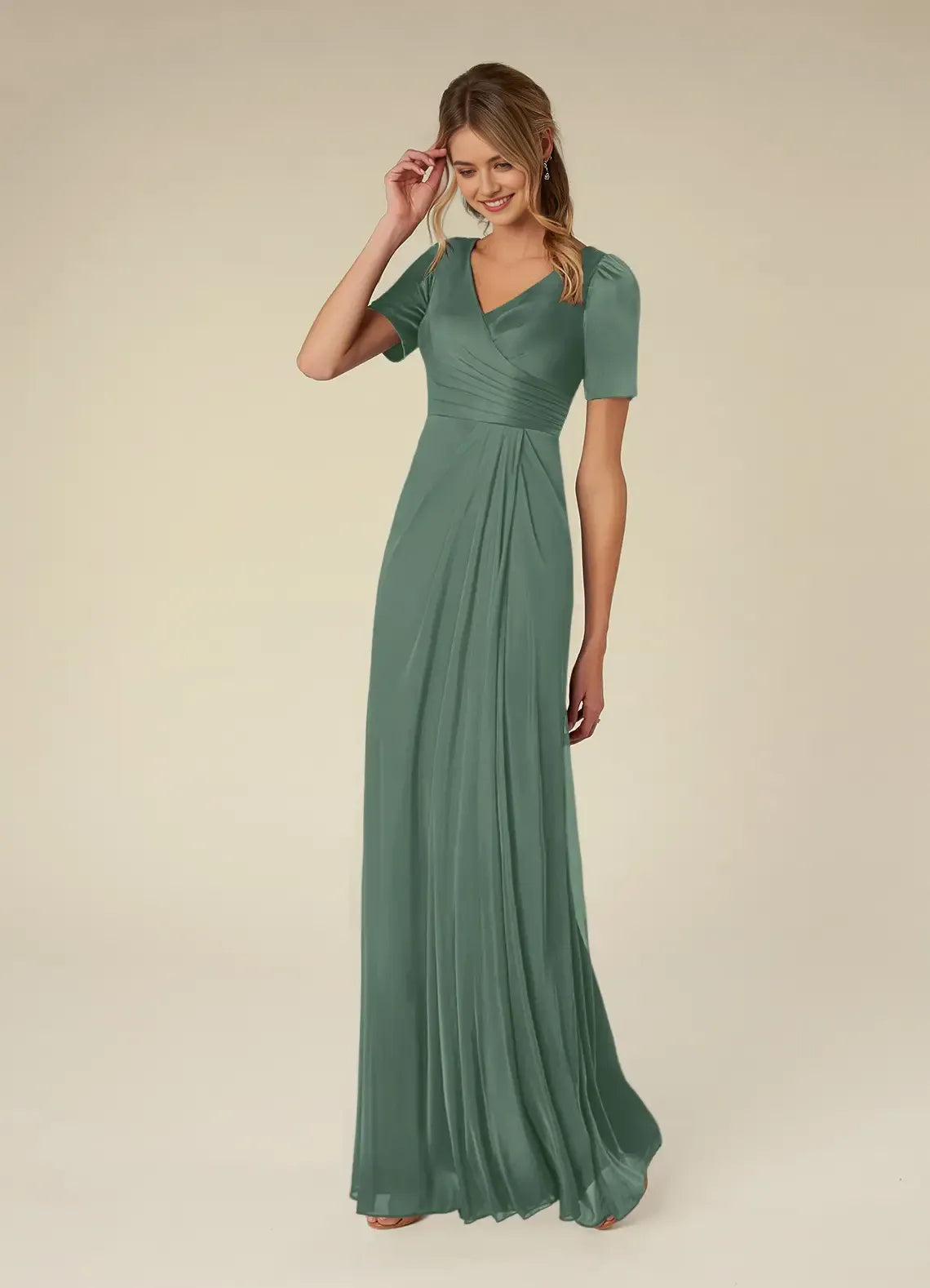 Eucalyptus A-Line Pleated Mother of the Bride Dress Surplice V - Neck Short Sleeves Draped Bodice Floor Length Flowy Skirt