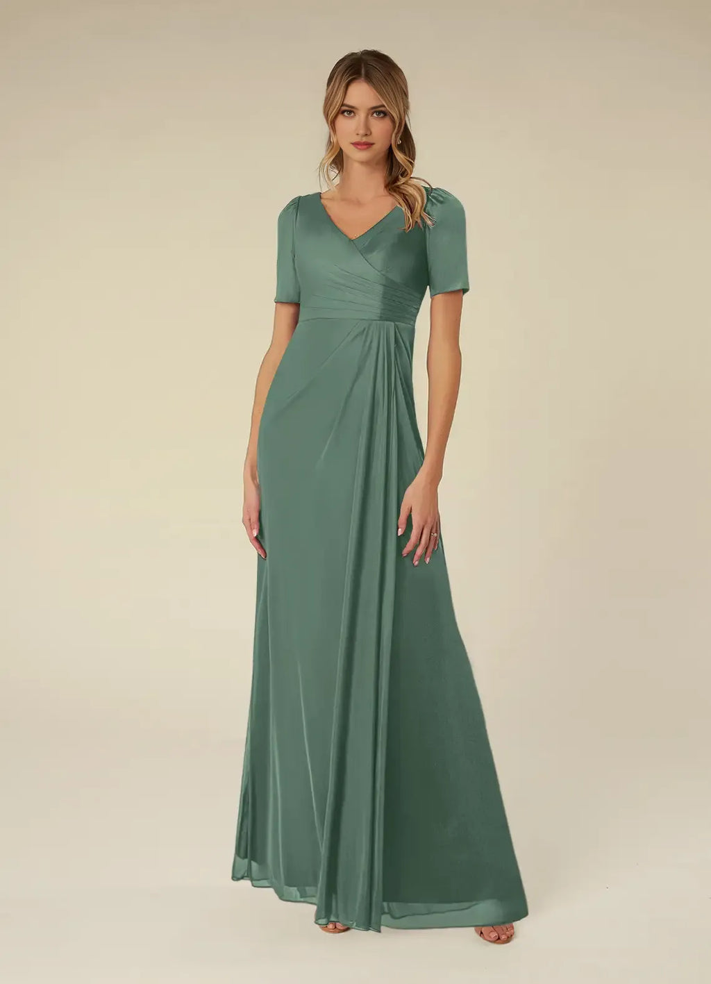 Eucalyptus A-Line Pleated Mother of the Bride Dress Surplice V - Neck Short Sleeves Draped Bodice Floor Length Flowy Skirt