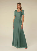 Eucalyptus A-Line Pleated Mother of the Bride Dress Surplice V - Neck Short Sleeves Draped Bodice Floor Length Flowy Skirt