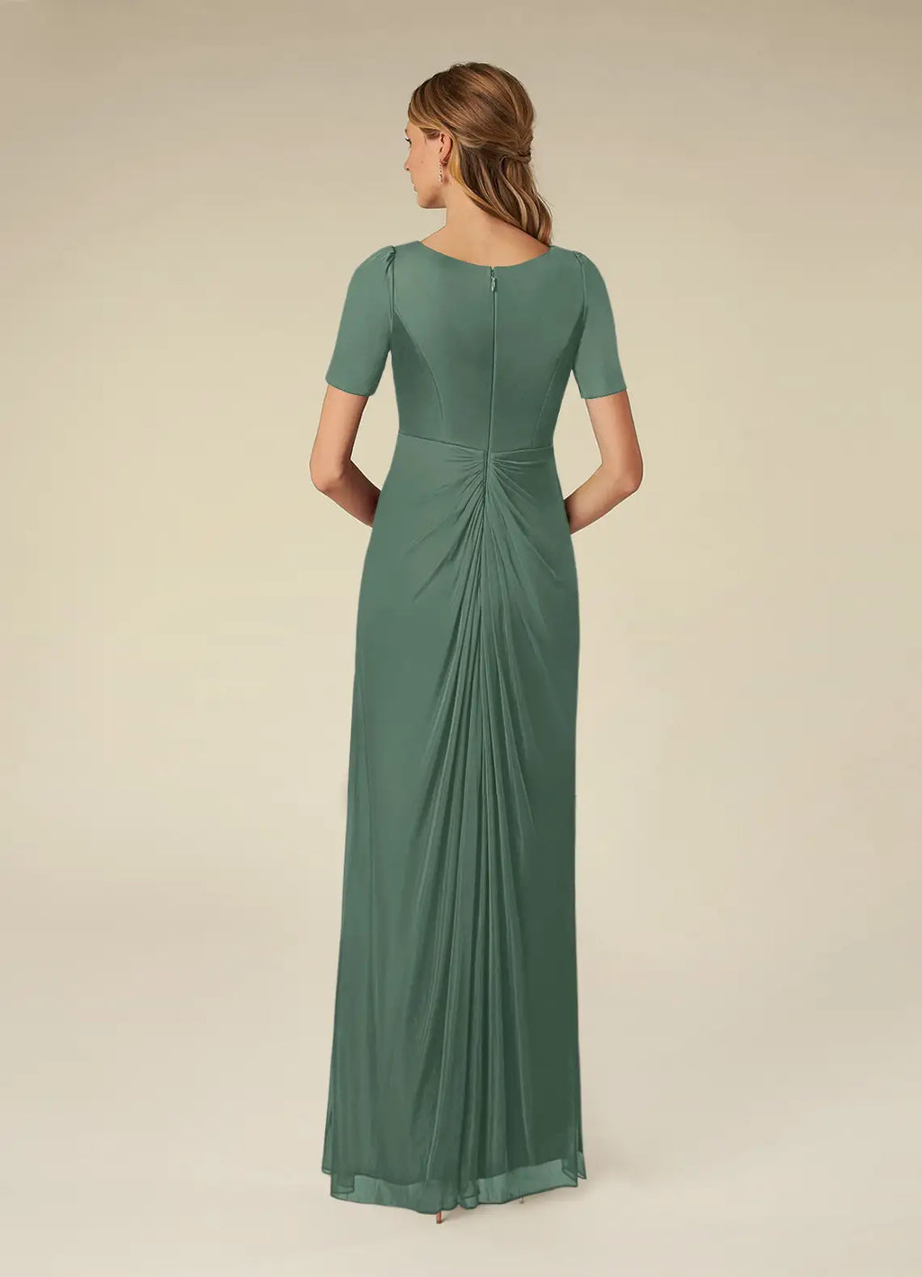 Eucalyptus A-Line Pleated Mother of the Bride Dress Surplice V - Neck Short Sleeves Draped Bodice Floor Length Flowy Skirt