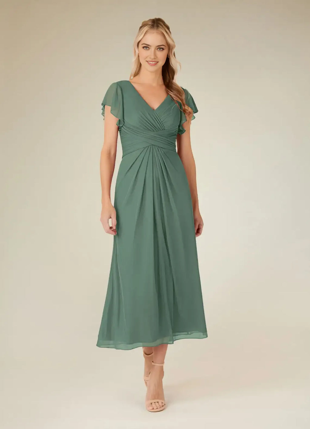Eucalyptus A-Line short sleeves V-Neck Pleated Mother of the Bride Dresses for women