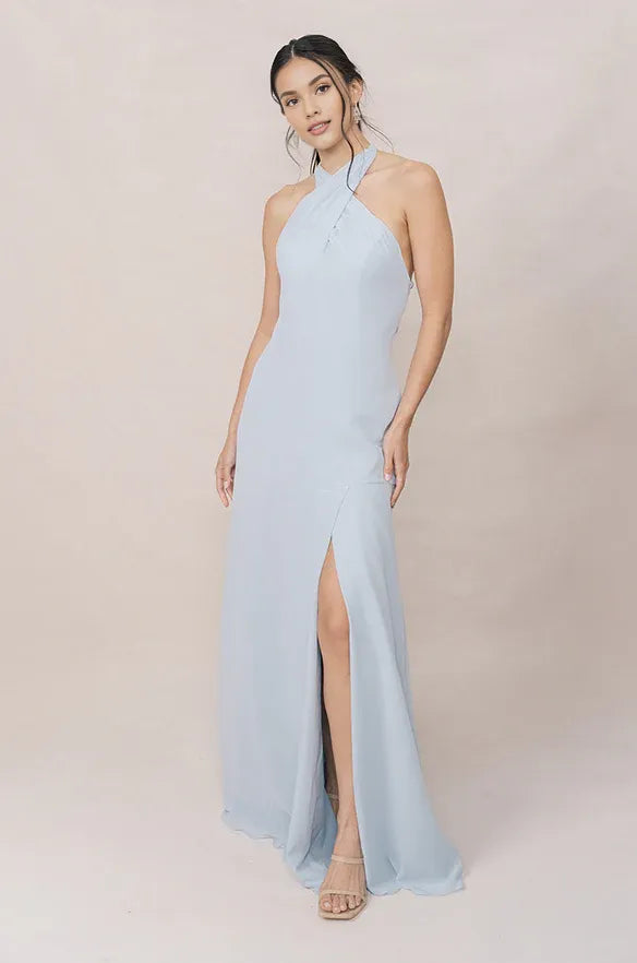 Stylish Refined Beautiful Timeless Elegant Light Blue A-Line Halter Sleeveless Bridesmaid Dress