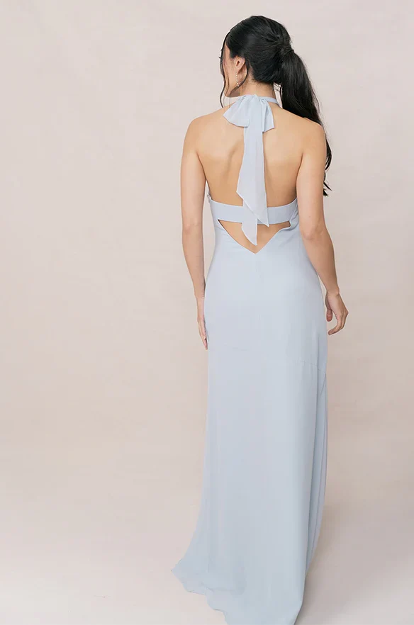 Stylish Refined Beautiful Timeless Elegant Light Blue A-Line Halter Sleeveless Bridesmaid Dress