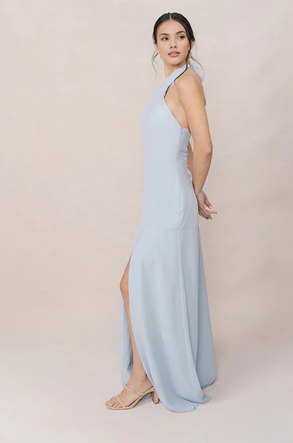 Stylish Refined Beautiful Timeless Elegant Light Blue A-Line Halter Sleeveless Bridesmaid Dress