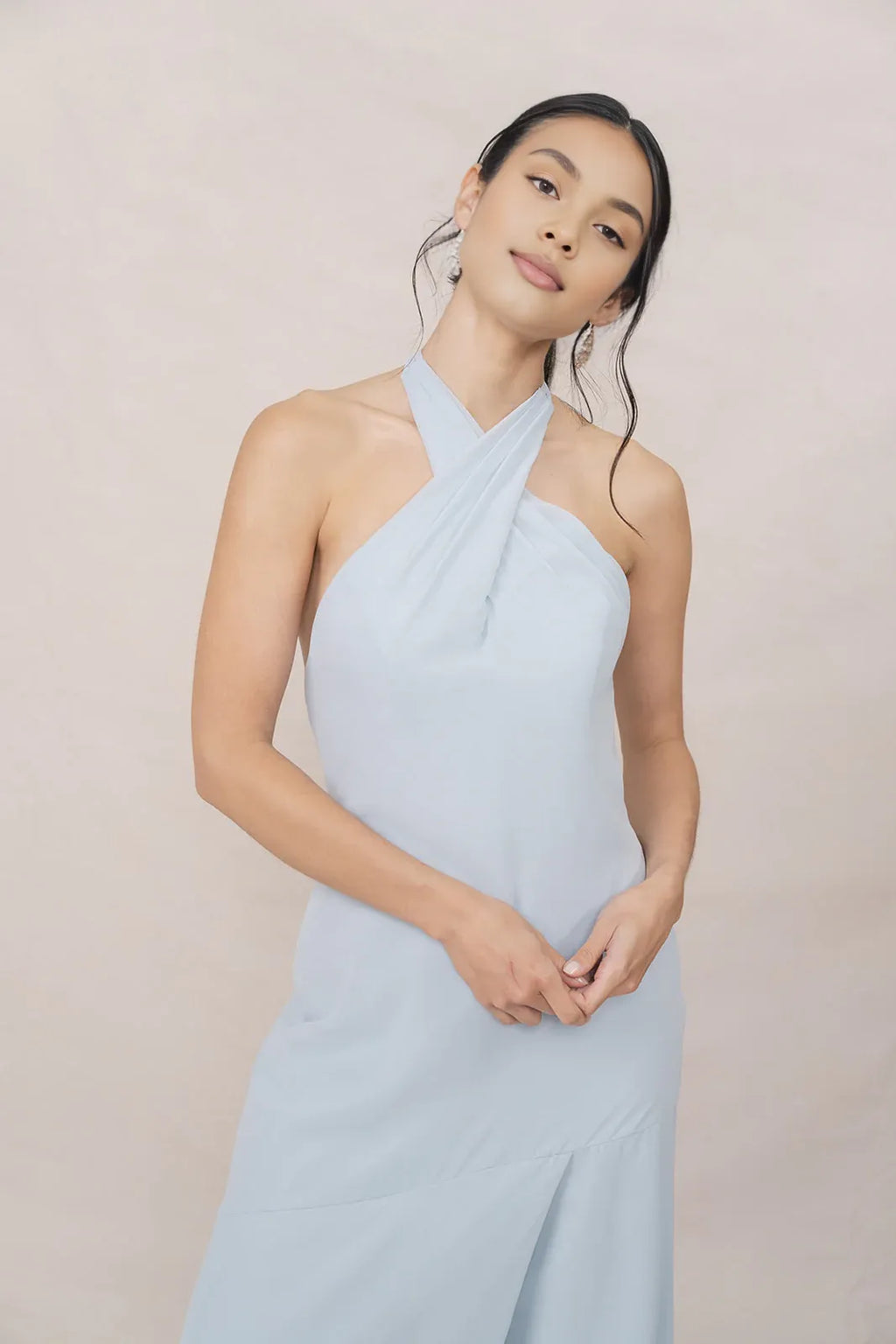 Stylish Refined Beautiful Timeless Elegant Light Blue A-Line Halter Sleeveless Bridesmaid Dress