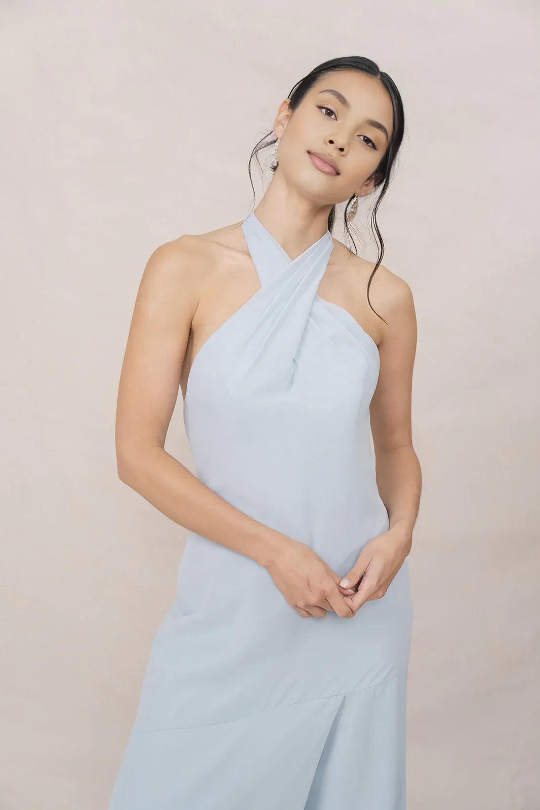 Stylish Refined Beautiful Timeless Elegant Light Blue A-Line Halter Sleeveless Bridesmaid Dress