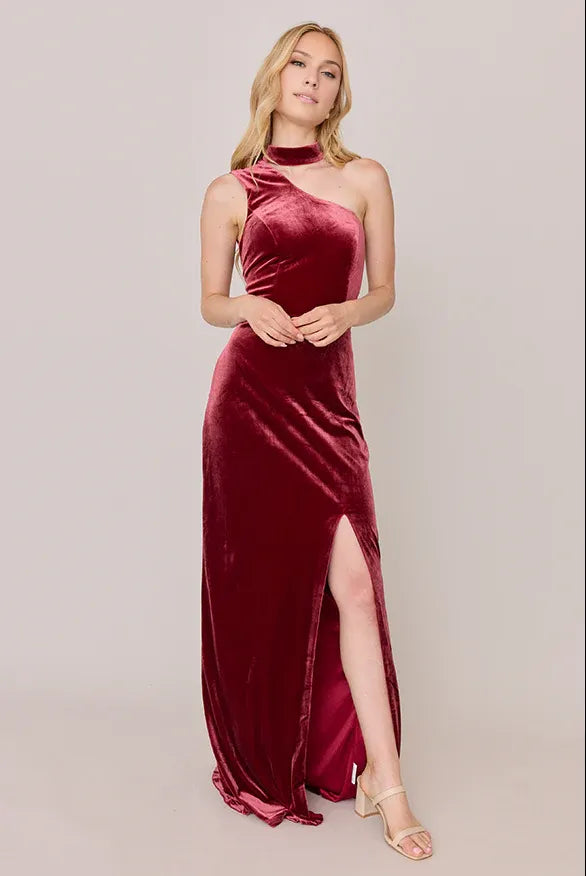 Refined Beautiful Timeless Elegant Burgundy Velvet High Neck Sleeveless Floor-Length Prom Dress